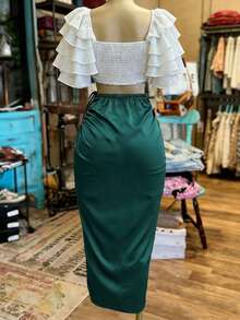 EMERY ROSE Women's Fashion Solid Color Drawstring Tie Long Skirt - Dark Green - View 2