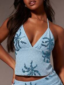 Athîral Blusa casual de punto elástico con cuentas bordadas y lentejuelas azul con escote halter y espalda descubierta con tirantes anudados, adecuada para uso al aire libre - Azul - Ver 3
