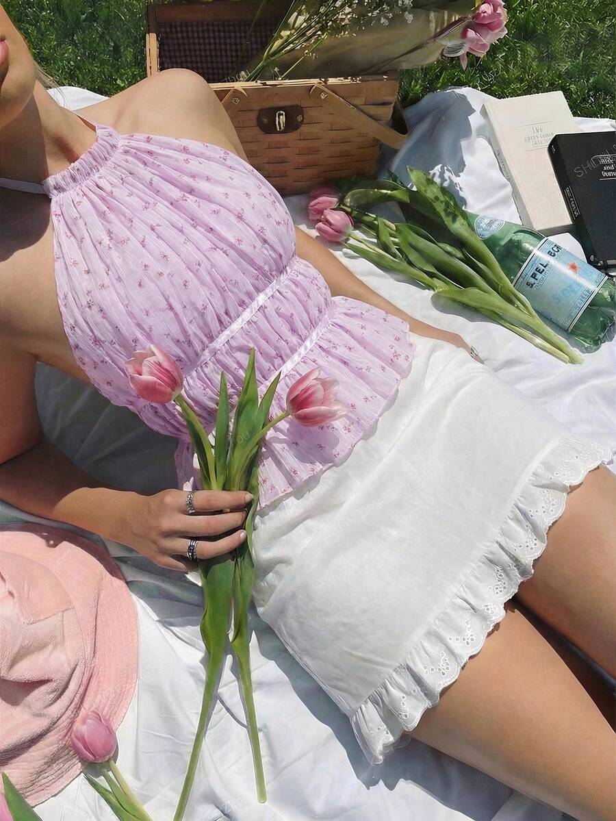 MainGRL 女款休閒碎花前綁帶露背掛脖上衣,春夏季度假海灘穿搭 - 紫色 - 查看 1
