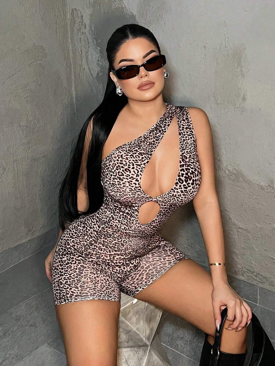 SHEIN SXY 性感镂空豹纹连体裤 - 彩色 - 查看 1