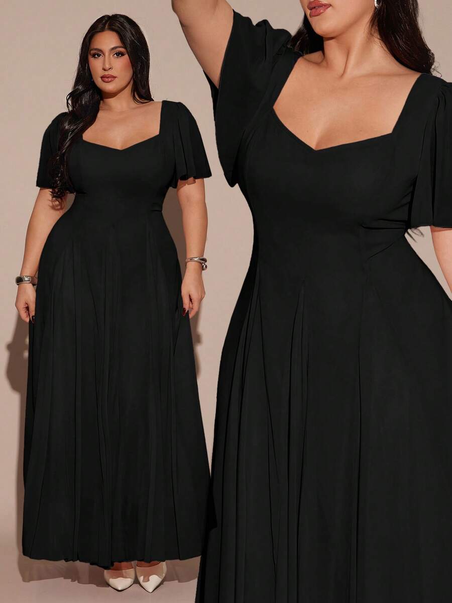 SHEIN BAE 大码女式纯色心形领荷叶袖优雅连衣裙 - 黑色 - 查看 1