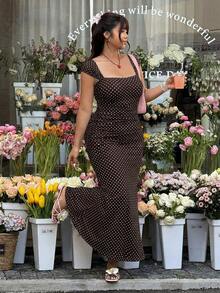 GalTyme 大码女士复古优雅度假风波点印花方领修身鱼尾裙，夏季 - 巧克力棕 - 查看 6