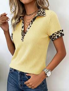EMERY ROSE Damen Leoparden-Muster Rippstrick Lässig Kurzarm T-Shirt, Frühling/Sommer - Gänsegelb - Übersicht 5