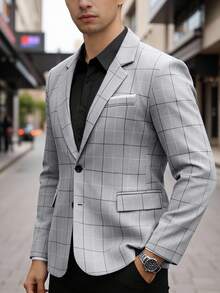 Manfinity Mode Men's Business Commute Plaid Suit Jacket - Grey - View 3
