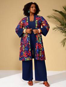 BrightlyHer Plus Size Women's Boho Floral Print Kimono Jacket & Navy Blue Jumpsuit With Pockets,2 Pieces Set For Autumn Vacation,Holiday & Early Spring Outfits - Multicolor - View 4