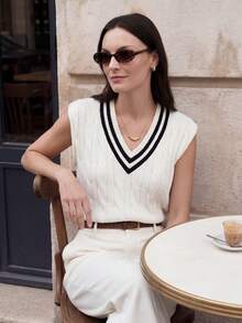 Briarwyn 女士条纹V领扭结麻花图案休闲针织背心 - 米色 - 查看 3