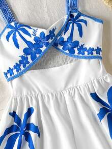 SHEIN 少女休闲日常印花蓝白图案吊带露背连体裤 - 藍白色 - 查看 3