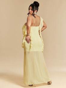 SHEIN BAE 大码女式纯色拼接荷叶边侧开衩优雅连衣裙 - 黃色 - 查看 3