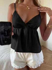 CovetEZ Áo camisole nữ màu đen có bèo nhún ở gấu áo, kiểu dáng thường ngày. - màu đen - Xem 5