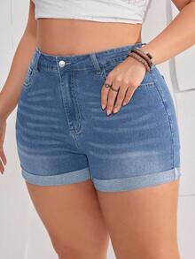 EMERY ROSE Plus Size Rolled Hem Washed Slim Fit Denim Shorts - Light Wash - View 6