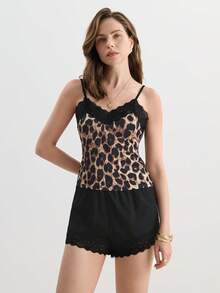 Hourtrue 豹纹撞色蕾丝睡衣套装/睡衣套装 - 彩色 - 查看 4