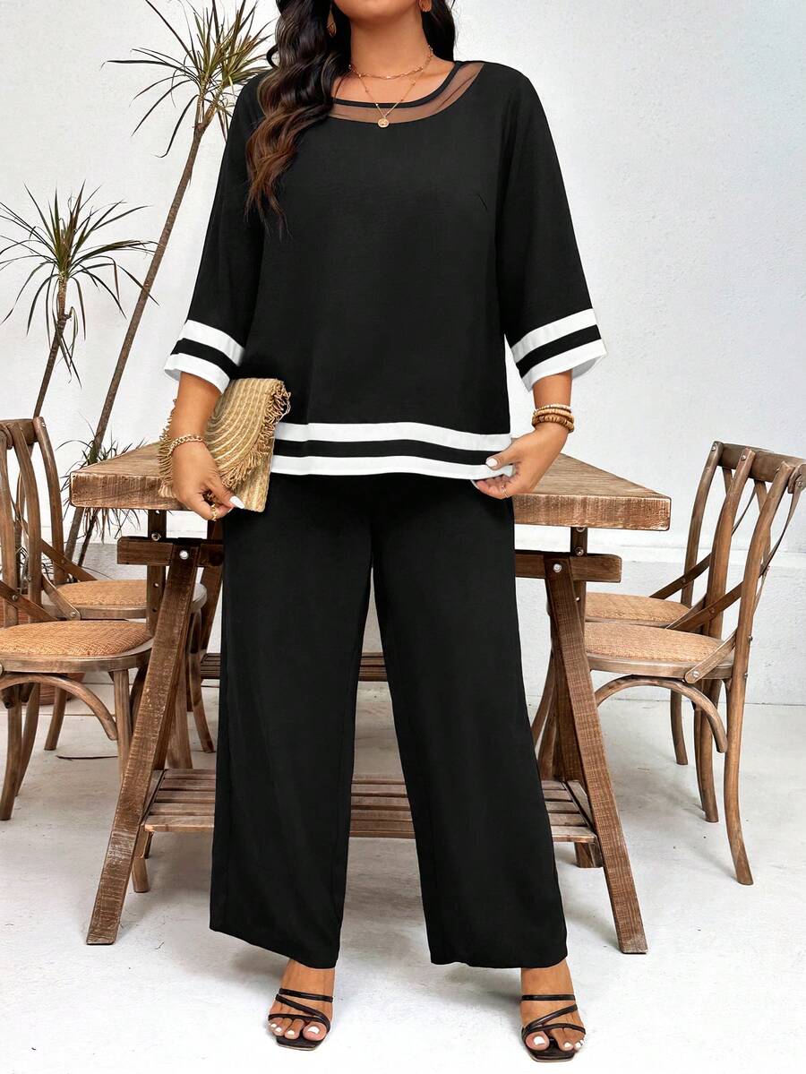 Momelise Conjunto informal de 2 piezas de top y pantalones de bloques de color para mujer de talla grande - Negro - Ver 1
