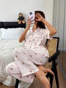 Napfluff 泡泡褶皱卡通熊领短袖睡衣套装 - 杏色 - 查看 7