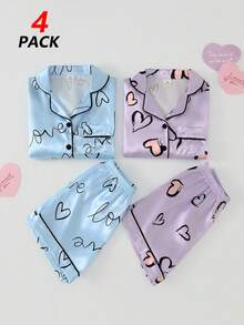 SHEIN Playful Pals 四件套女童睡衣套装，翻领短袖短裤，夏季浅蓝色和紫色爱心字母印花睡衣家居服，仿丝缎面料，柔软舒适，纽扣前襟，黑色滚边，亲肤透气轻盈，高品质时尚优雅睡衣套装，适合日常休闲居家穿着。 - 彩色 - 查看 8