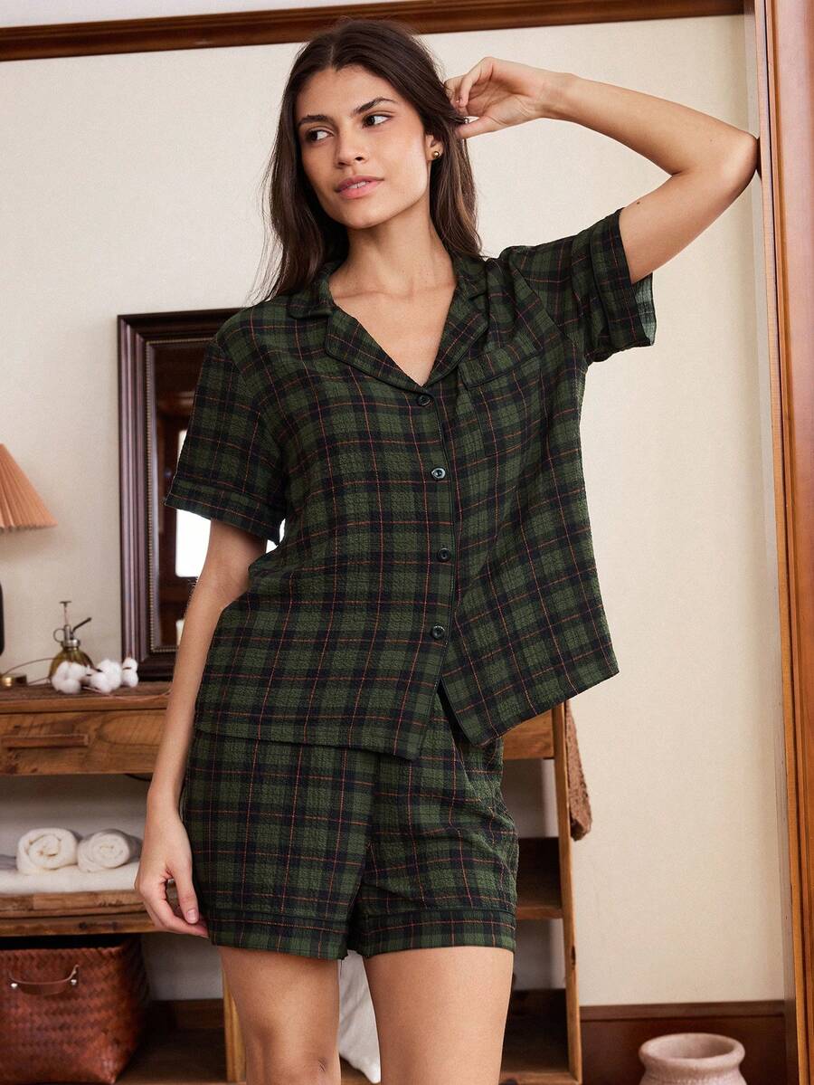 Doze Lane 經典格紋印花女款休閒優雅短袖短褲翻領睡衣套裝 深綠色 夏季居家睡衣 - 綠色 - 查看 1