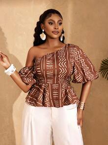 Lunelith SHEIN Lunessa Áo kiểu nữ cổ điển in họa tiết toàn thân, cổ lệch vai, tay ngắn, xếp ly, thích hợp cho mùa hè. - màu nâu - Xem 6