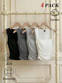 SHEIN MOD 4pcs/Set Pastal White Ruched Square Neck Camisole,Summer Top Golf Sexy - Multicolor - View 2