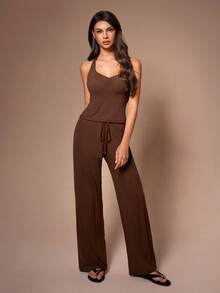 Lazeform Women's Casual Keyhole Neck Halter Backless Top And Straight Leg Pants Two Pieces Loungewear Set - Coffee Brown - View 5