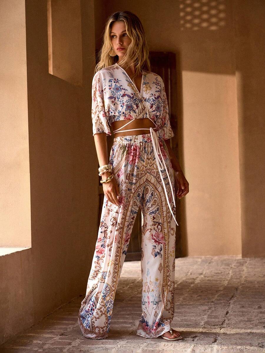 MOTF PREMIUM PRINTED LOOSE CROPPED METALLIC BLEND TIE-FRONT TOP + WIDE LEG PANTS VACATION SWIMSUIT COVER UP SET - Multicolor - View 1
