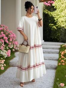 Al Najma Women's Loose Short Sleeve Long Arabic Style Dress - Apricot - View 1