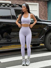 Dewbera Dewbera Seamless Knit Leopard Print Crisscross Back Tank Top + Sports Leggings Set, Leopard Head Pattern Design - Mauve Purple - View 5