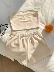 SHEIN Comfortcana 2件套女士休闲杏色露脐抹胸上衣和短裤套装，夏季 - 杏色 - 查看 2