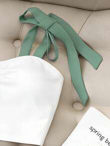 Resyla 夏季新款性感吊带撞色蝴蝶结褶皱露脐吊带背心+卡其色短裤两件套，女士系带短裤套装，春夏女士两件套，女士夏季休闲装，适合度假、约会等场合 - 綠色 - 查看 4