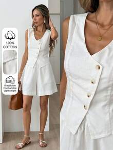 Easowa 女士夏季休闲纯色背心短裤两件套；女士100%纯棉透气不对称纽扣背心短裤套装；夏季两件套纯白色棉质背心短裤套装；女士夏季服装；女士春季服装；女士度假服装；女士白色两件套 - 白色 - 查看 2