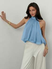 Aloruh Women's Solid Color Peplum Hem Halter Neck Top,Summer Top - Blue - View 6