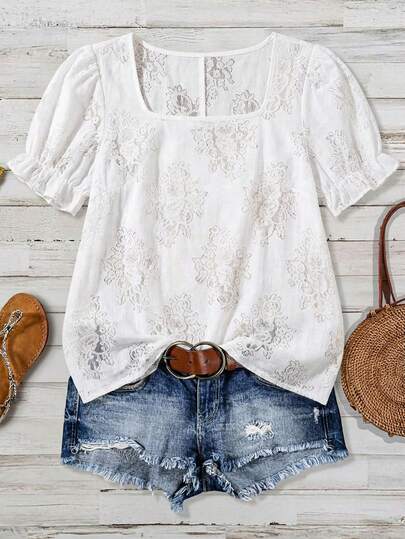 Freevana Áo kiểu tay cánh hoa phối ren dành cho nữ cỡ lớn, kiểu dáng thường ngày, đa năng, thích hợp mặc hàng ngày.