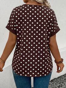 EMERY ROSE 新款大码女式休闲百搭V领波点巧克力色短袖T恤 - 彩色 - 查看 2