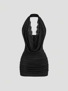 Sweetra 新款夏季百搭性感蕾丝垂褶领修身显瘦派对优雅连衣裙 - 黑色 - 查看 1