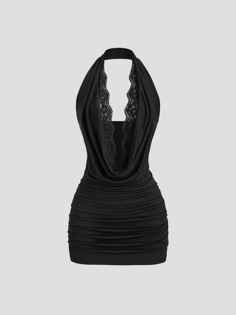 Sweetra 新款夏季百搭性感蕾丝垂褶领修身显瘦派对优雅连衣裙 - 黑色 - 查看 1