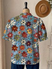 Rusticease Plus Size Women V-Neck Floral Print Casual Versatile Daily Wear Shirt Gym Brown Summer - Multicolor - View 2