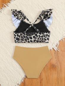 女童豹纹泳衣套装，荷叶边装饰，适合海滩度假 - 卡其色 - 查看 2