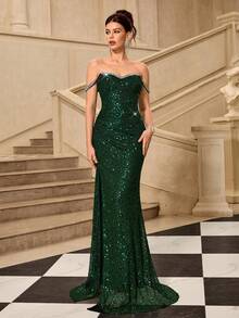 Đầm dạ hội dài nữ đính cườm, dây mảnh và sequin (đính rất nhiều hạt) - Màu xanh lá cây đậm - Xem 4