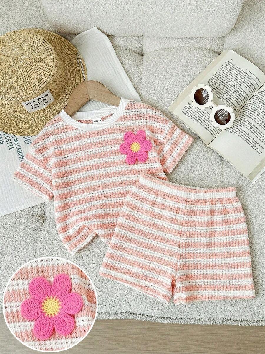 LMoss Kids Set 2 Potong Baju dan Celana Pendek Rajut Bergaris Leher Bulat untuk Bayi Perempuan - Berwarna merah muda - View 1