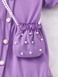 Elladie kids Young Girl Solid Color Turndown Collar Puff Sleeve Cardigan Dress With Mini Bag, Summer - Purple - View 4