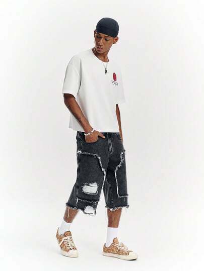 PAVTROS American Patchwork Frayed Distressed Washed Casual Denim Bermuda Shorts