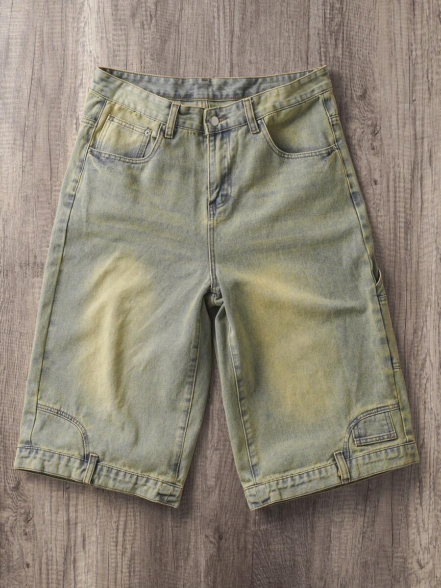 Manfinity Joysei Men's Solid Color Retro Casual Versatile Patchwork Denim Wide Leg Shorts - Light Wash - View 1