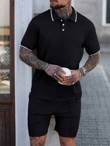 Manfinity Homme 男士提花罗纹领短袖休闲Polo衫套装 - 黑色 - 查看 3
