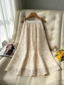 GlowEve CURVE Women's Elegant Delicate Heavy-Textured Mesh Double-Color Embroidered Floral Textured Elastic Waist Flared Skirt, Spring/Summer - Apricot - View 7