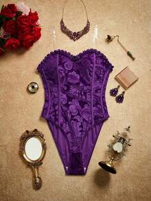 PinupPomp Crimson Jacquard Heart Bandeau Jumpsuit, Velvet Ruffle Craftsmanship - Purple - View 7