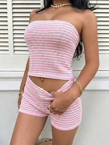 Sunnyshic 女款夏季休閒度假粉白條紋露背平口上衣與低腰短褲兩件套，海灘度假穿搭 - 玫紅色 - 查看 3