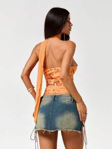 SHEIN ICON Top sin mangas con cuello de halter con cuentas naranja para mujer, conjunto de vacaciones/playa de ajuste ceñido - Naranja - Ver 2