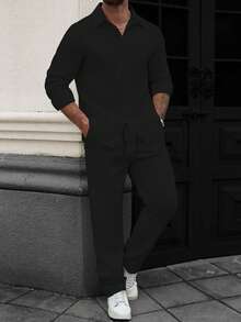 Manfinity Homme 男士黑色前扣長袖紋理襯衫與斜口袋休閒長褲套裝，正式風 - 黑色 - 查看 5