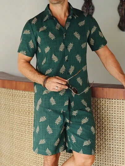 Manfinity CasualCool Bộ đồ hè dành cho nam, quần short và áo sơ mi in họa tiết lá cọ Hawaii, áo sơ mi nhẹ, thoáng khí và quần short có dây rút, phong cách lịch lãm cổ điển, thích hợp cho bãi biển, đám cưới, tiệc tùng, kỳ nghỉ, du lịch, quà tặng Ngày của Cha cho chồng, bố, bạn trai, thoải mái và đa năng.