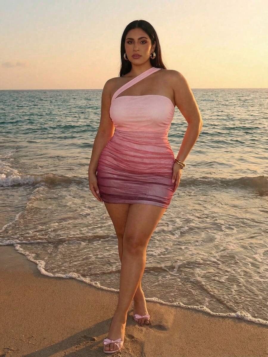 SHEIN BAE Đầm ôm sát dệt kim lưới ombre mới dành cho nữ, gợi cảm, thanh lịch, lãng mạn, thích hợp cho mùa xuân/hè. - Nhiều màu - Xem 1