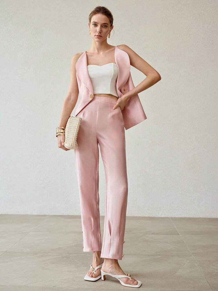 HIGH WAIST MINIMALIST BUTTON DECOR SUIT PANTS