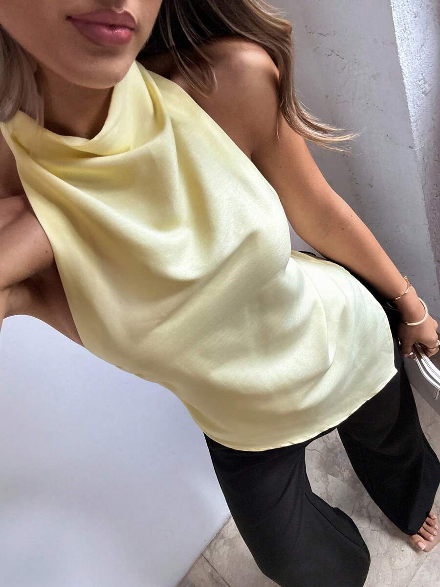 Aloruh Women's Solid Color Pleated Halter Asymmetrical Blouse, Elegant For Work And Vacation,Summer Top - Pale Yellow - View 1